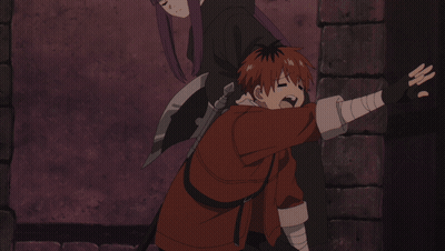 Man In Red Shirt Held By Woman In Black Robe GIF
