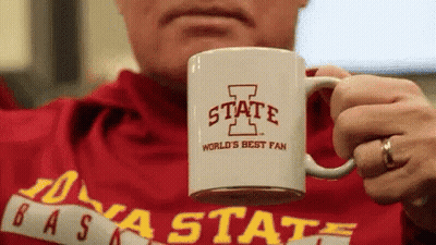 Man In Red Shirt Holding Iowa State World's Best Fan Mug GIF