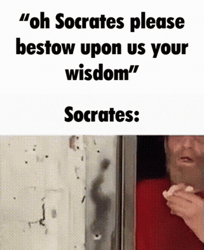 Man In Red Shirt Holding Napkin With Socrates Quote GIF