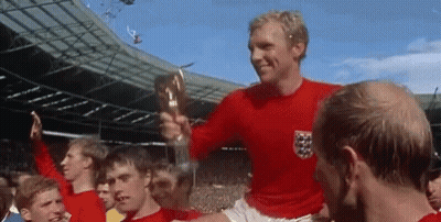 Man In Red Shirt Holds Trophy In Front Of Crowd GIF