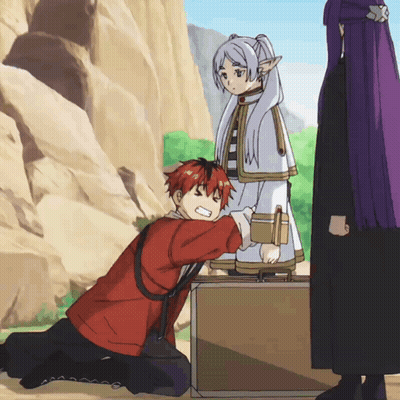 Man In Red Shirt Kneeling Beside Girl With White Hair GIF