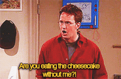 Man In Red Shirt Saying Are You Eating Cheesecake Without Me GIF