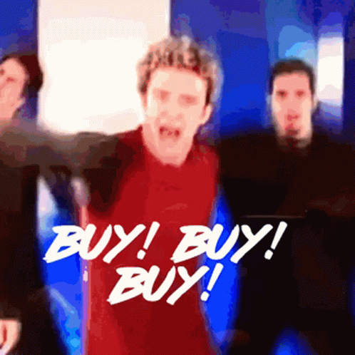 Man In Red Shirt Saying Buy Buy Buy GIF