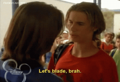 Man In Red Shirt Says Let's Blade Brah To Woman GIF