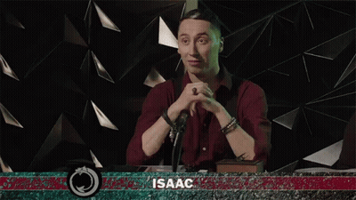 Man In Red Shirt Smiling At Microphone With Name Isaac GIF