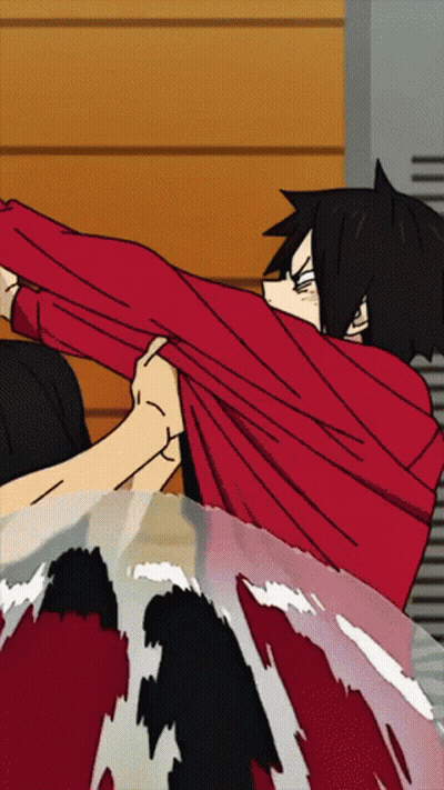 Man In Red Shirt Stretching Arms On Couch GIF