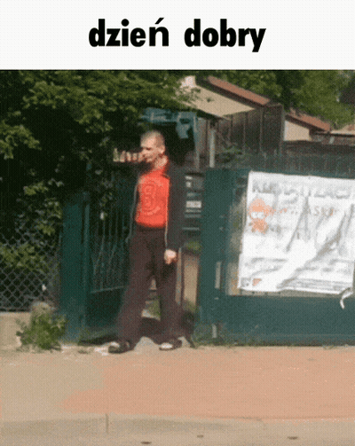 Man In Red Shirt Walking Past Dzien Dobry Sign GIF
