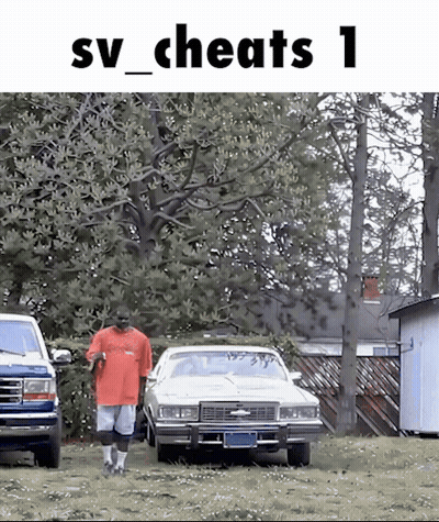 Man In Red Shirt Walking Towards White Car In Yard GIF