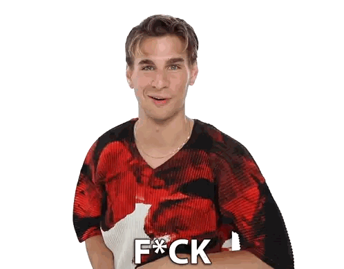 Man In Red Shirt With F Word Sticker