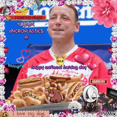 Man In Red Shirt With Hot Dogs And Gold Medal GIF