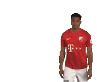 Man In Red Shirt With T Sticker