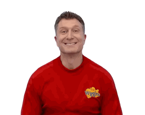 Man In Red Shirt With Wiggles Logo Sticker