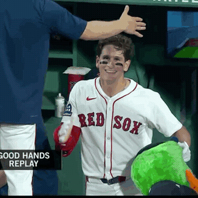 Man In Red Sox Jersey Being Hugged By Mascot GIF
