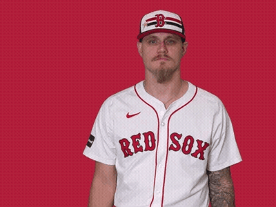 Man In Red Sox Jersey Pointing Up GIF