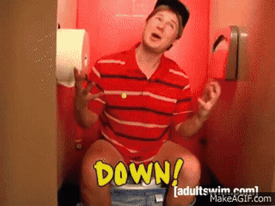 Man In Red Striped Shirt Sitting On Toilet GIF