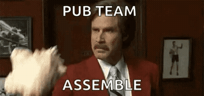 Man In Red Suit Holding Cotton Ball Saying Pub Team Assemble GIF