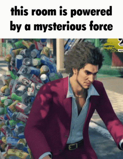 Man In Red Suit In Front Of Cans Saying This Room Is Powered GIF