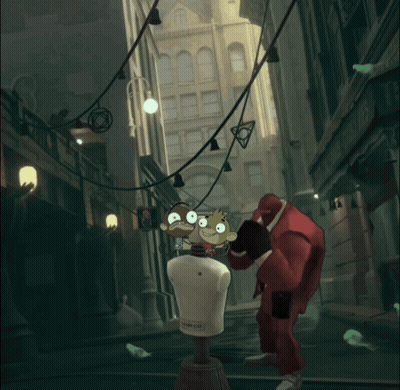 Man In Red Suit Running Down Street With Cartoon Character Holding Newspaper GIF