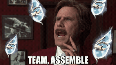Man In Red Suit Says Team Assemble With Blue Wings GIF