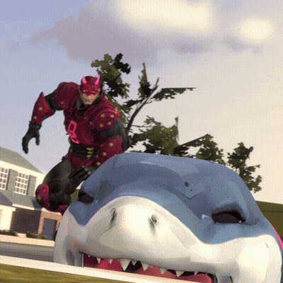 Man In Red Suit With R Standing Next To Shark GIF