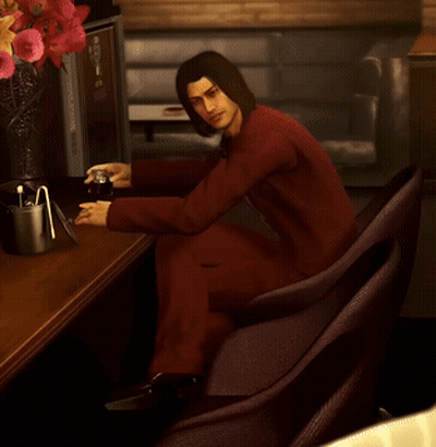 Man In Red Suit With Yo On Chair GIF