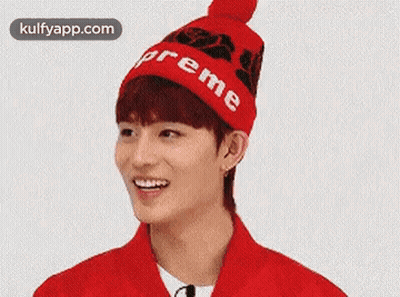 Man In Red Supreme Hat Smiling GIF