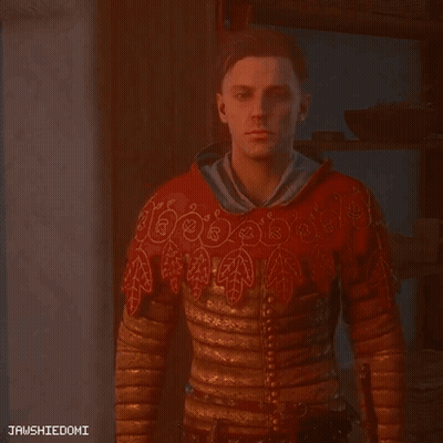 Man In Red Sweater And Gold Sleeves Standing GIF