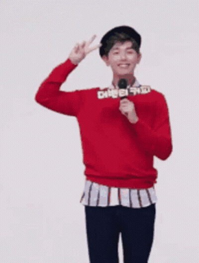 Man In Red Sweater Holding Microphone And Peace Sign GIF