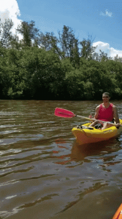 Man In Red Tank Top Paddling Yellow Kayak GIF