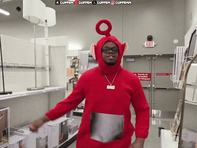 Man In Red Teletubbies Costume In Store GIF