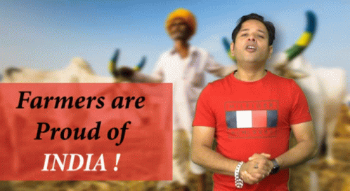 Man In Red Tommy Hilfiger Shirt With Farmers Are Proud Of India Sign GIF