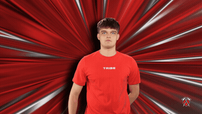 Man In Red Tribe T-Shirt On Red Background GIF