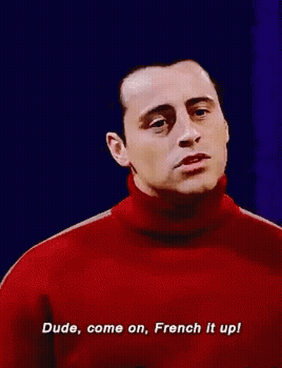 Man In Red Turtleneck Saying Dude Come On French It Up GIF