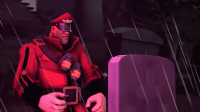 Man In Red Uniform In Rain Next To Purple Grave GIF
