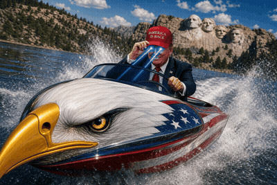 Man In Red White And Blue Hat Saying America Is Back Rides Boat GIF