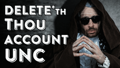 Man In Robe And Sunglasses In Front Of Delete Account Sign GIF