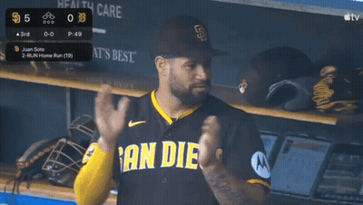 Man In San Diego Baseball Uniform In Dugout GIF