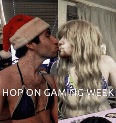 Man In Santa Hat Kissing Woman In Bikini Hop On Gaming Week GIF