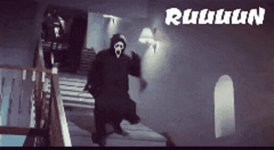 Man In Scream Mask Running Down Stairs GIF