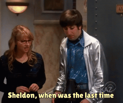 Man In Silver Jacket Standing Next To Woman Sheldon When Was The Last Time GIF