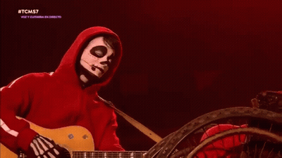 Man In Skeleton Costume Playing Guitar On Stage GIF