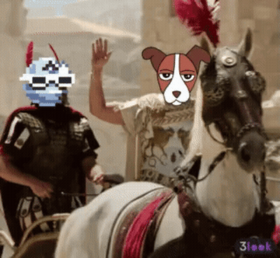 Man In Skull Mask Next To Dog In Feathered Hat GIF
