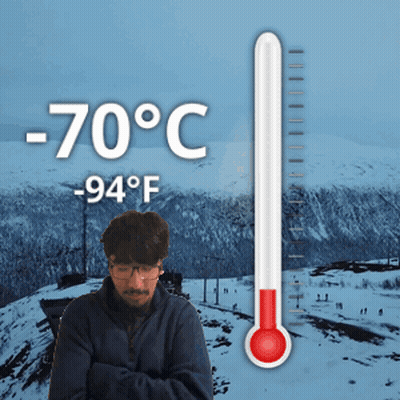 Man In Snowy Mountain With Thermometer -94 Degrees GIF