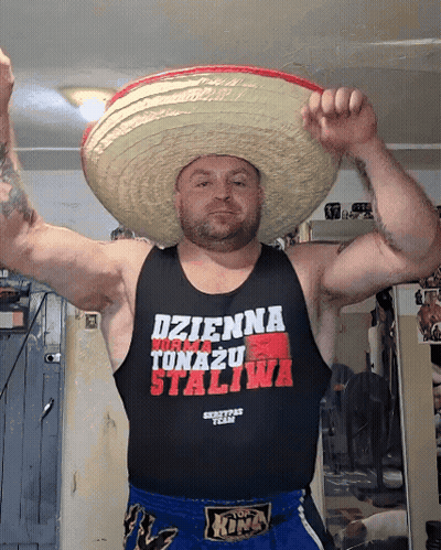 Man In Sombrero And Black Tank Top Saying Dzienna Tunazu Staliwa GIF