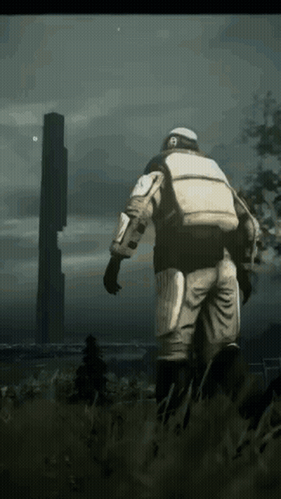 Man In Space Suit Walking Through Field With Tower GIF