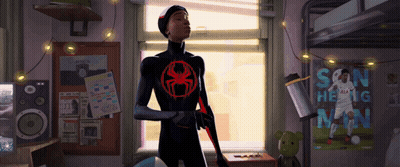 Man In Spiderman Costume In Bedroom GIF