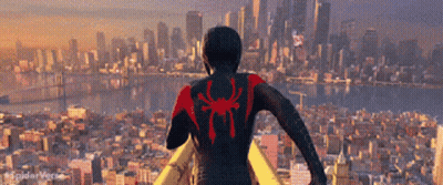 Man In Spiderman Costume In Front Of City Skyline GIF