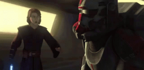 Man In Star Wars Costume Next To Clone Trooper With Lightsaber GIF
