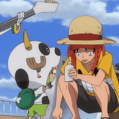 Man In Straw Hat Holding Bottle Near Cartoon Dog GIF