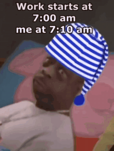 Man In Striped Hat Lying Bed Work Starts 7:00 AM Me 7:10 AM GIF